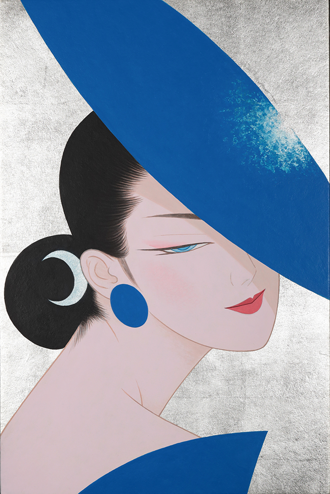 日本を代表する美人画家、鶴田一郎の作品。タイトル：「Silver and Ai 藍」、制作年：2021年。